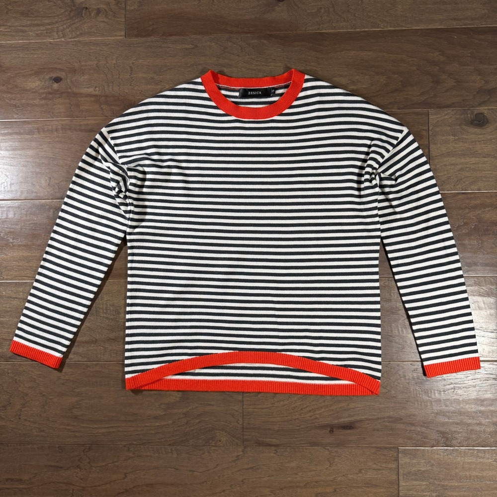 Zesica Striped Crew Neck Sweater Black White Orange Trim Small Relaxed Fit